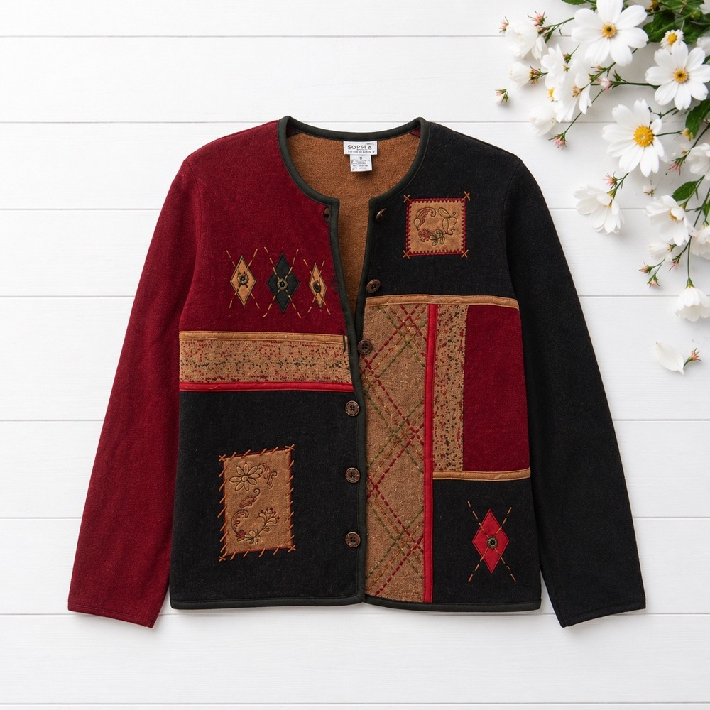 Koret 90s Patchwork Wool Cardigan Sweater‎ Size PS Cottagecore Grandmacore